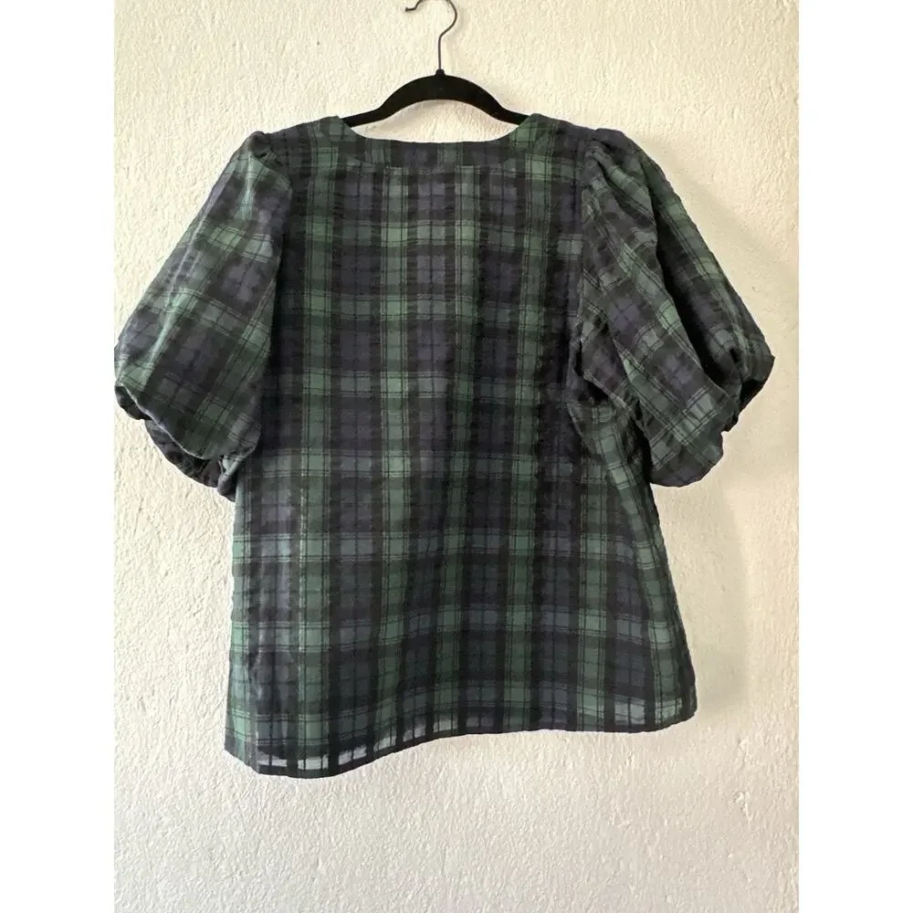 Loft Plaid Textured Tartan Green Blue Puff Short Sleeve Blouse V-Neck Sz Medium